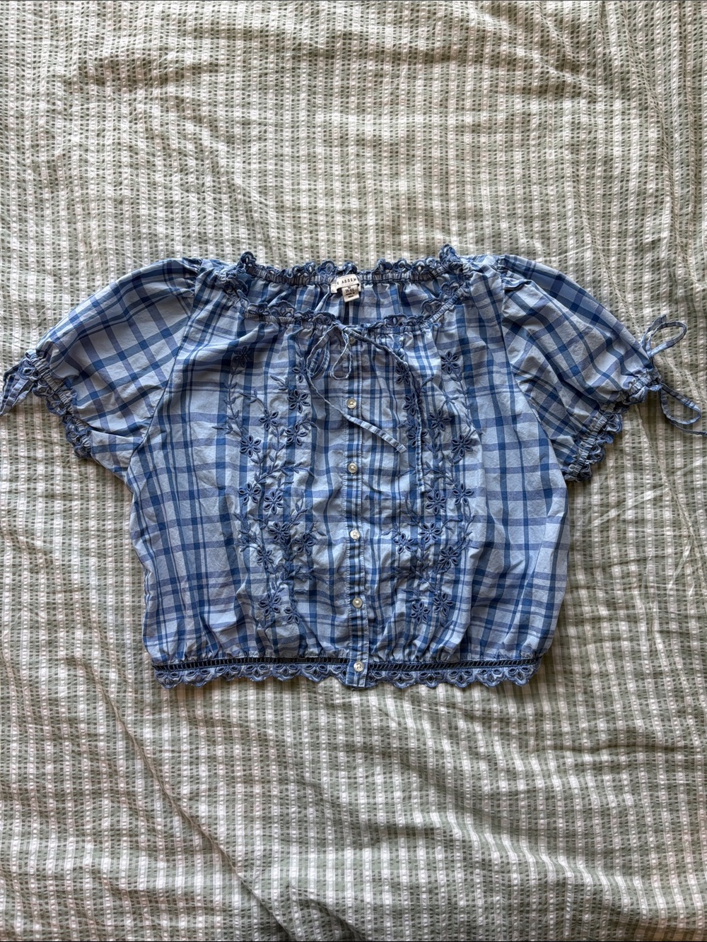 Blue Plaid Off-Shoulder Embroidered Crop Blouse
